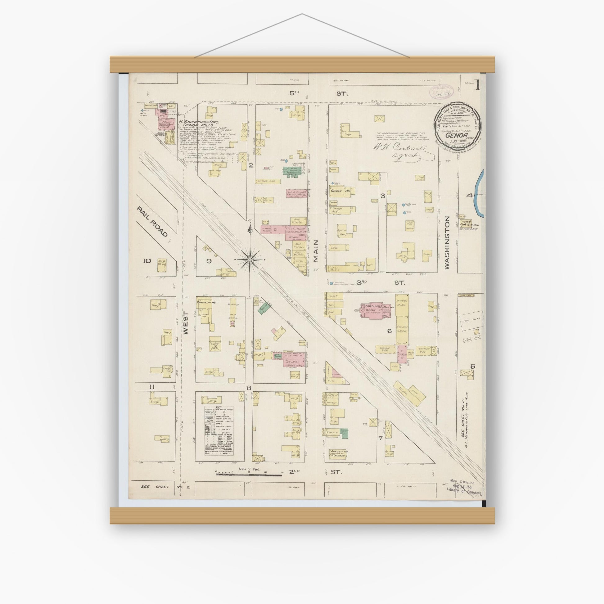 Old map wall art mockup — magnetic wood frame on white wall — Sanborn Fire Insurance Map from Genoa, Ottawa County, Ohio (1885) - Complete Map Set