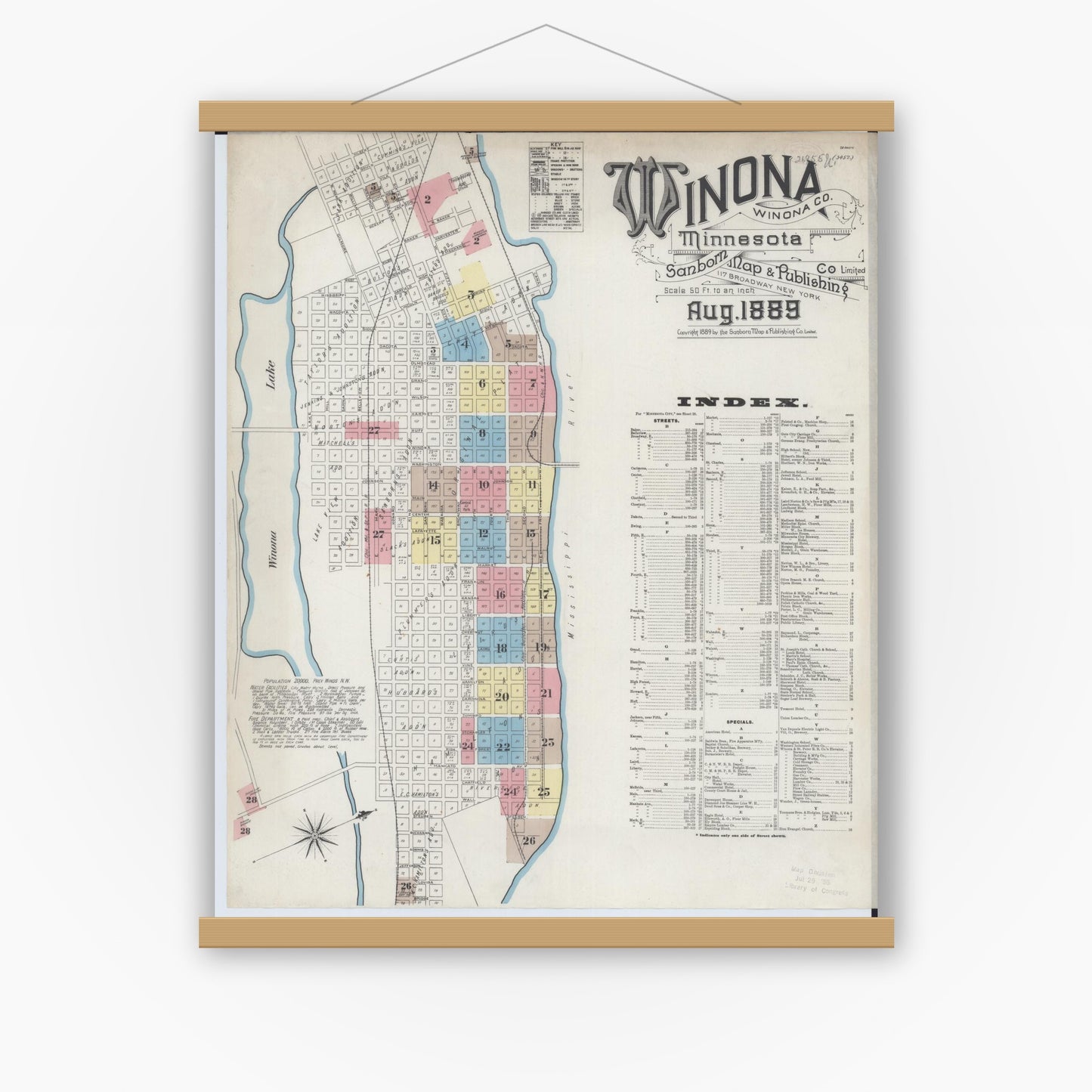Old map wall art mockup — magnetic wood frame on white wall — Sanborn Fire Insurance Map from Winona, Winona County, Minnesota (1889) - Complete Map Set