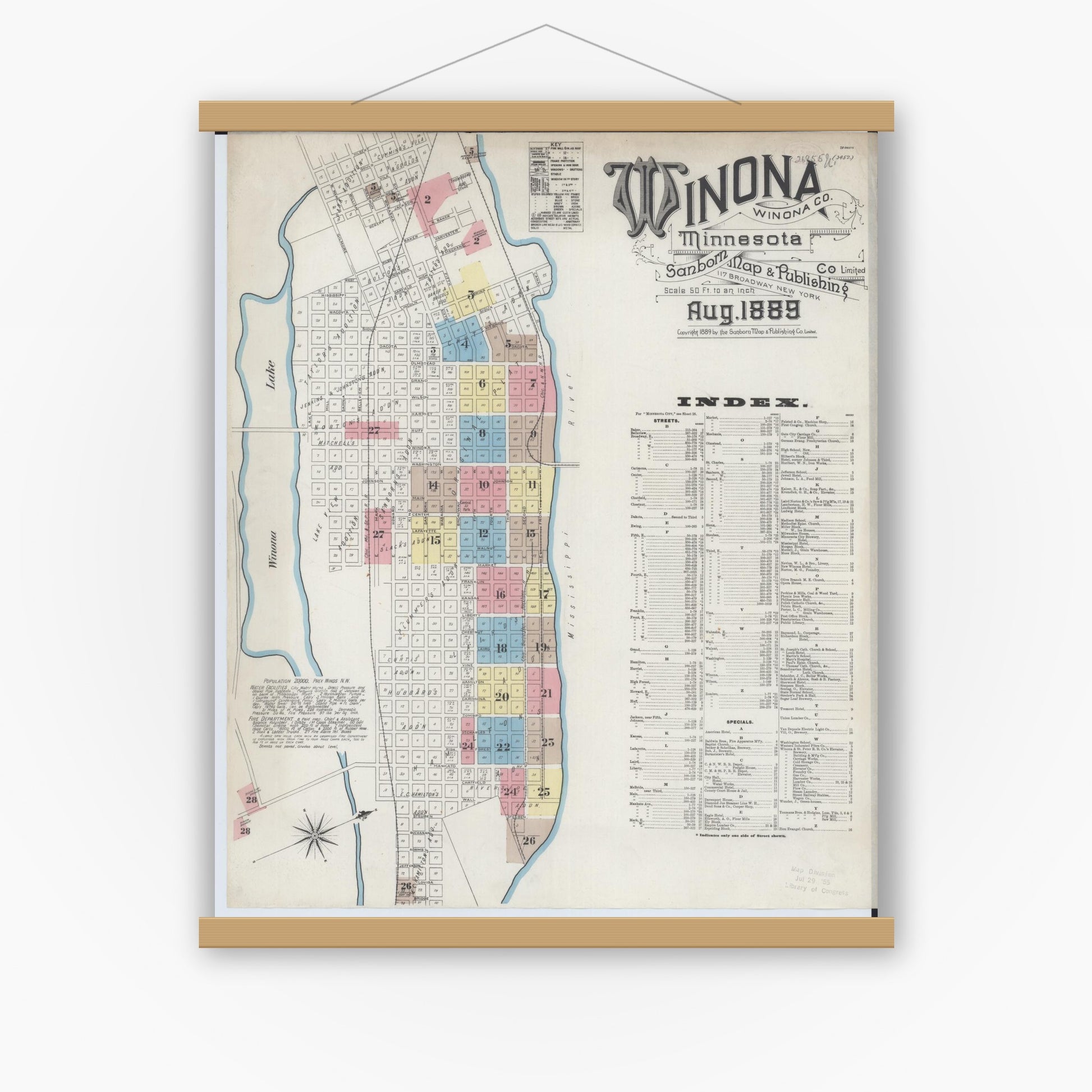 Old map wall art mockup — magnetic wood frame on white wall — Sanborn Fire Insurance Map from Winona, Winona County, Minnesota (1889) - Complete Map Set