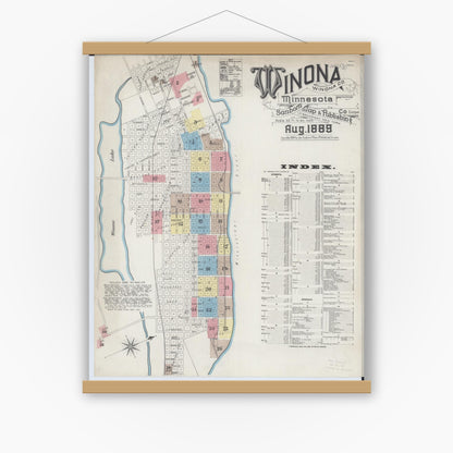 Old map wall art mockup — magnetic wood frame on white wall — Sanborn Fire Insurance Map from Winona, Winona County, Minnesota (1889) - Complete Map Set