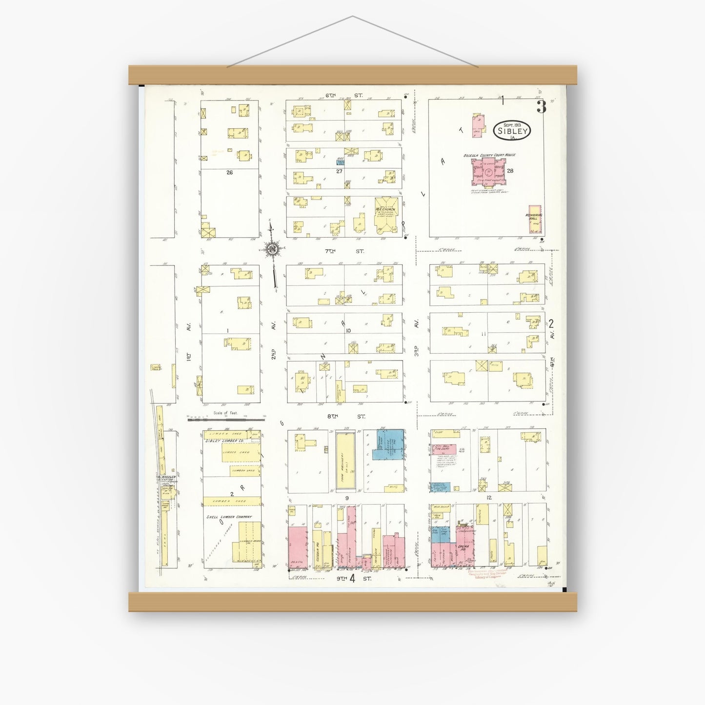 Old map wall art mockup — magnetic wood frame on white wall — Sanborn Fire Insurance Map from Sibley, Osceola County, Iowa (1913), Sheet #0003