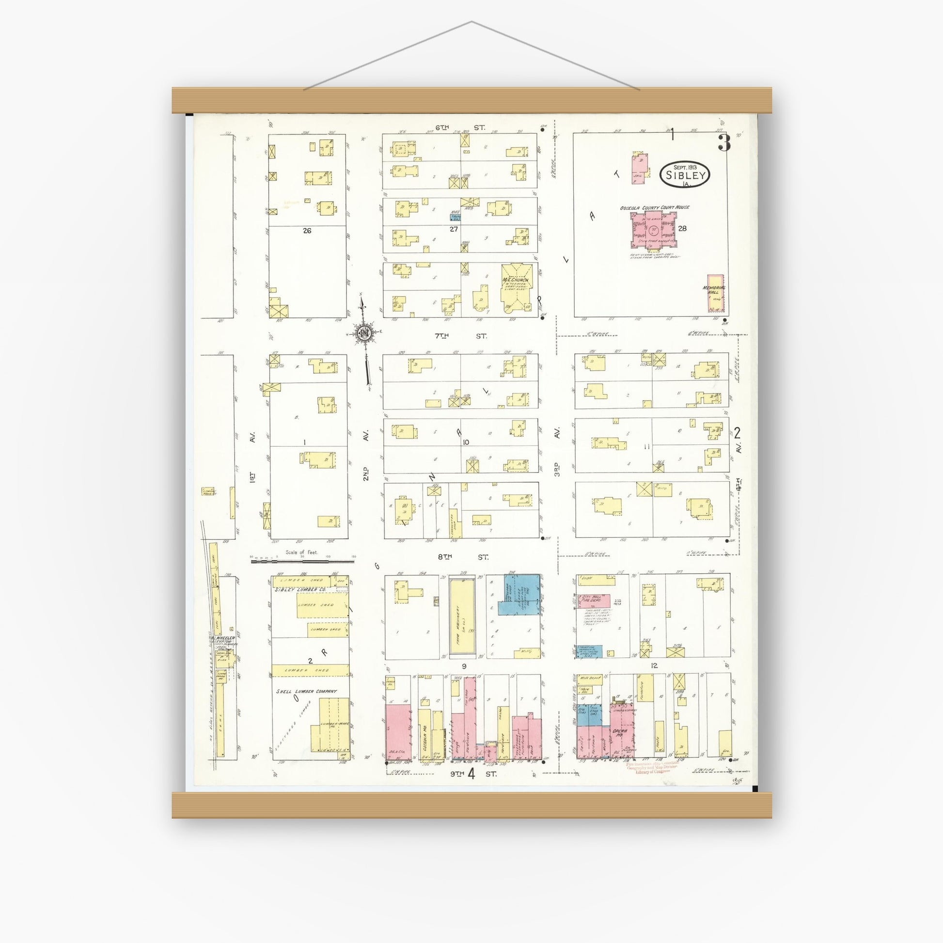 Old map wall art mockup — magnetic wood frame on white wall — Sanborn Fire Insurance Map from Sibley, Osceola County, Iowa (1913), Sheet #0003