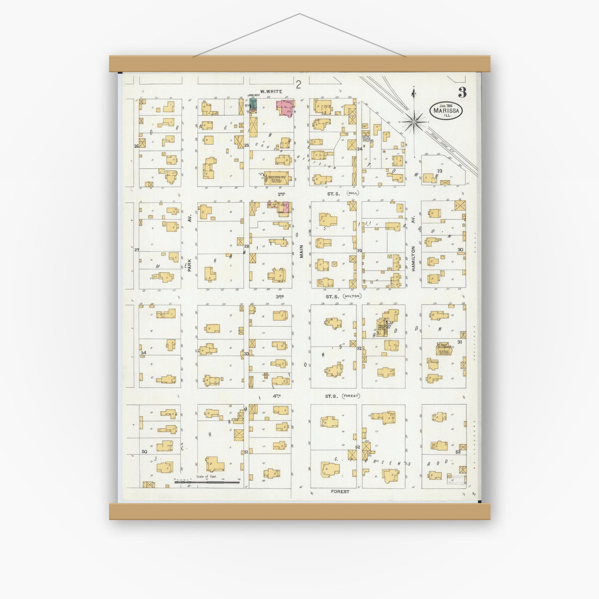 Old map wall art mockup — magnetic wood frame on white wall — Sanborn Fire Insurance Map from Marissa, Saint Clair County, Illinois (1906), Sheet #0003