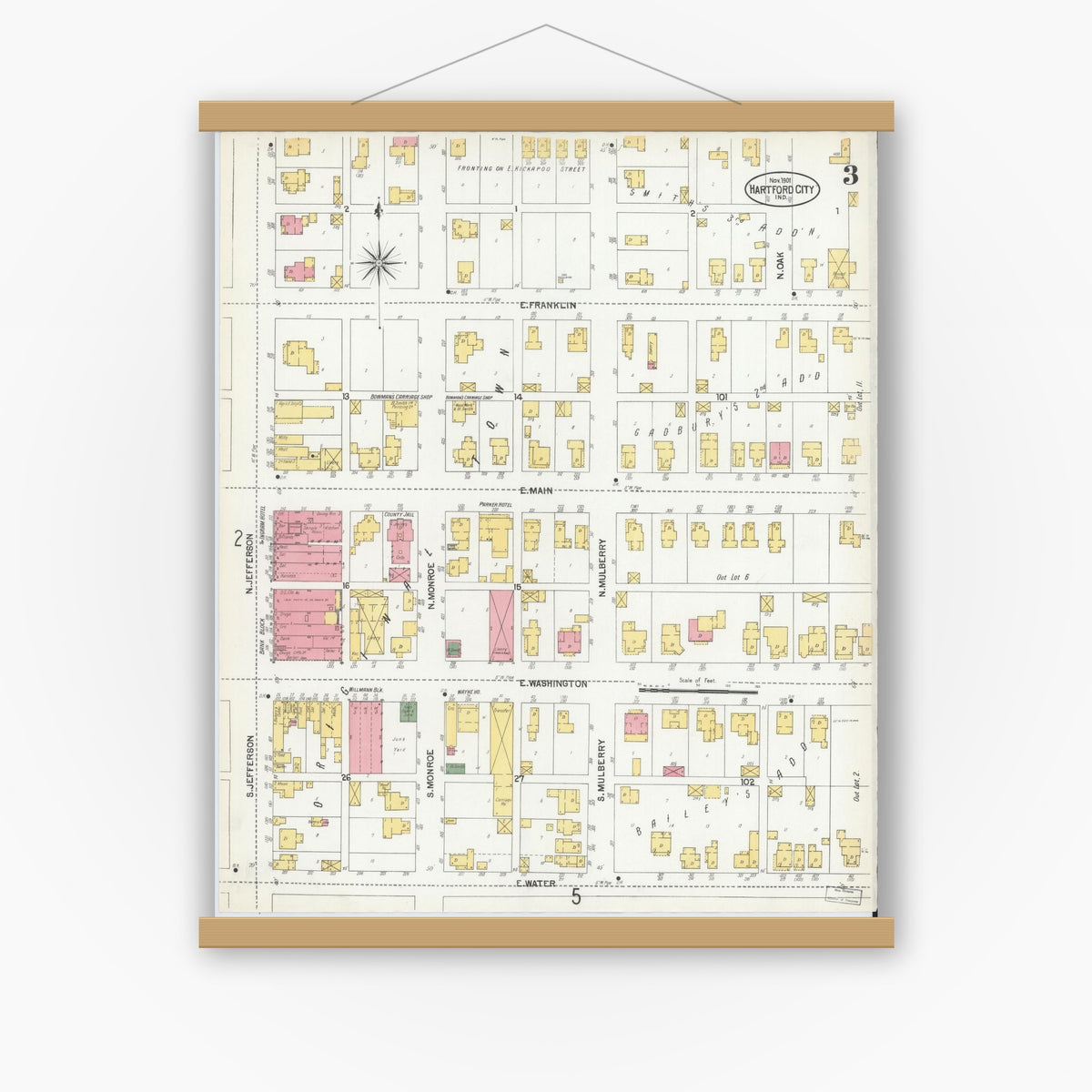 Old map wall art mockup — magnetic wood frame on white wall — Sanborn Fire Insurance Map from Hartford City, Blackford County, Indiana (1901), Sheet #0003