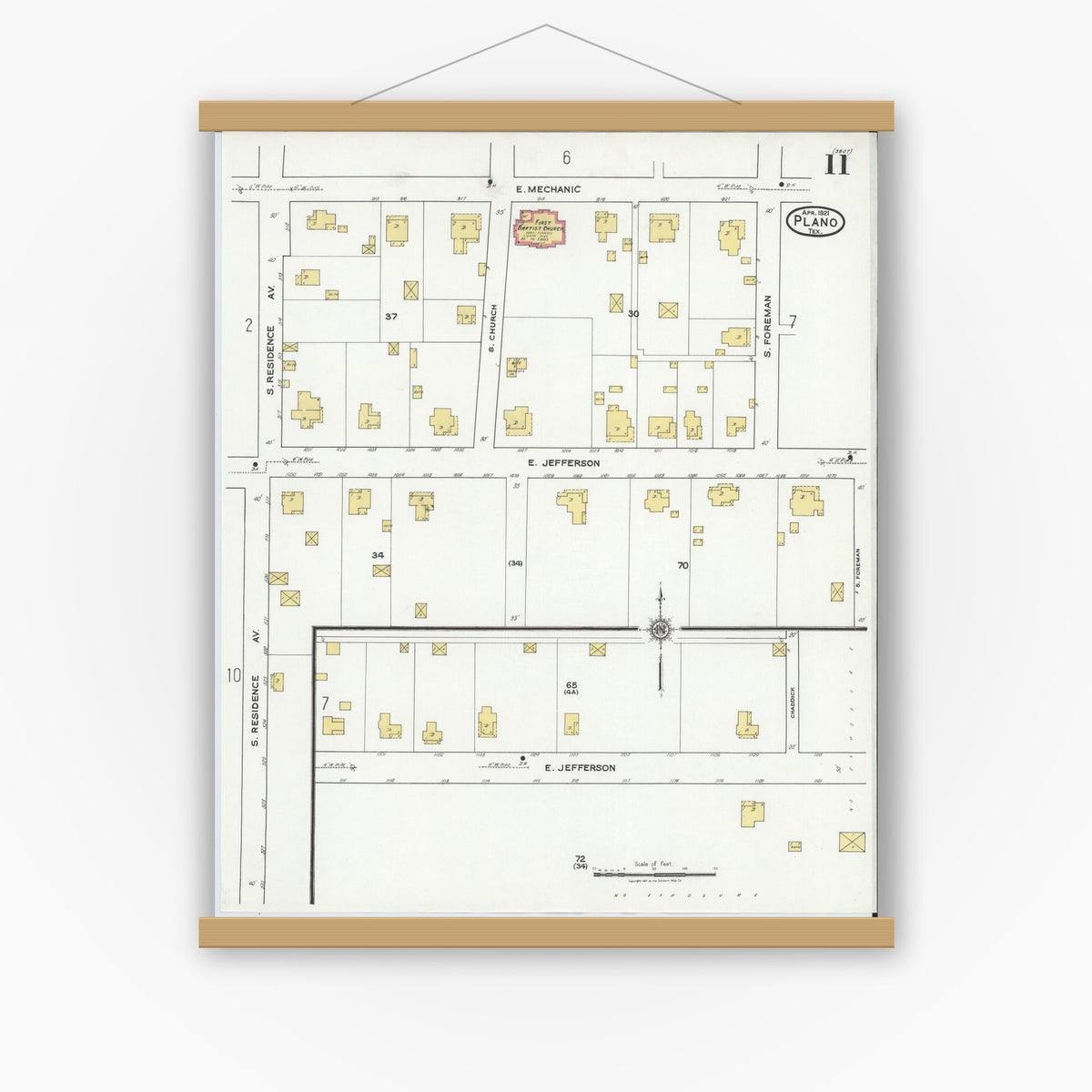 Old map wall art mockup — magnetic wood frame on white wall — Sanborn Fire Insurance Map from Plano, Collin County, Texas (1921), Sheet #0011