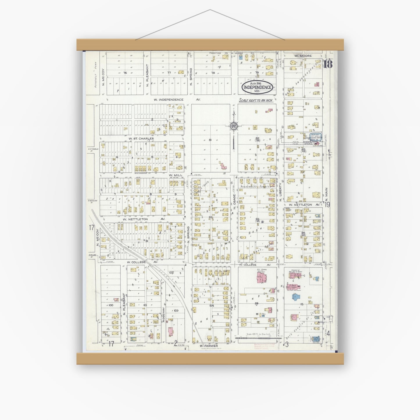 Old map wall art mockup — magnetic wood frame on white wall — Sanborn Fire Insurance Map from Independence, Jackson County, Missouri (1916), Sheet #0018