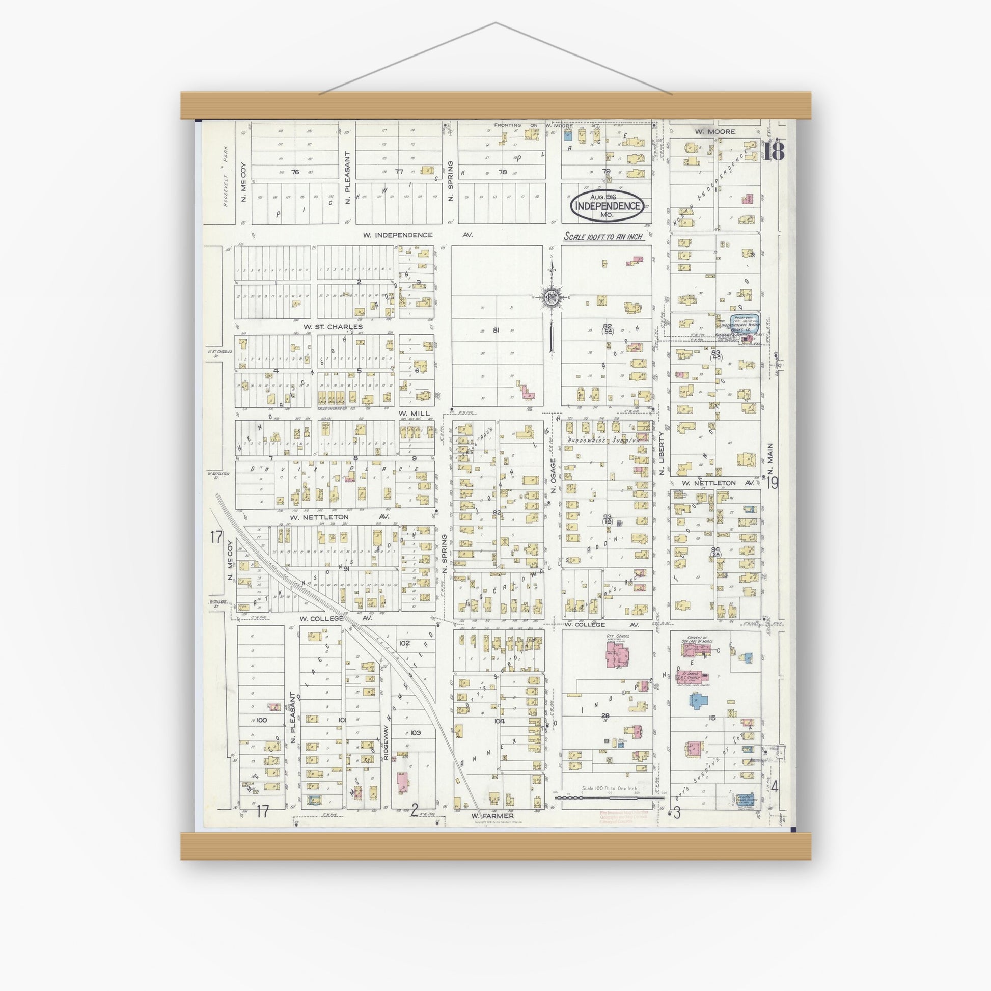 Old map wall art mockup — magnetic wood frame on white wall — Sanborn Fire Insurance Map from Independence, Jackson County, Missouri (1916), Sheet #0018