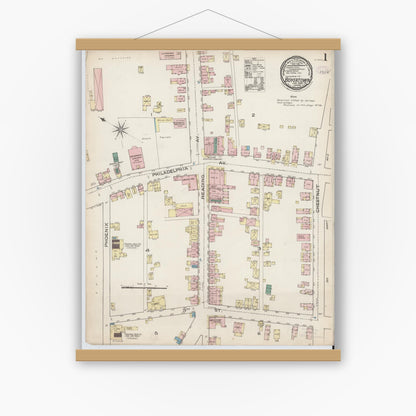 Old map wall art mockup — magnetic wood frame on white wall — Sanborn Fire Insurance Map from Boyertown, Berks County, Pennsylvania (1886), Sheet #0001