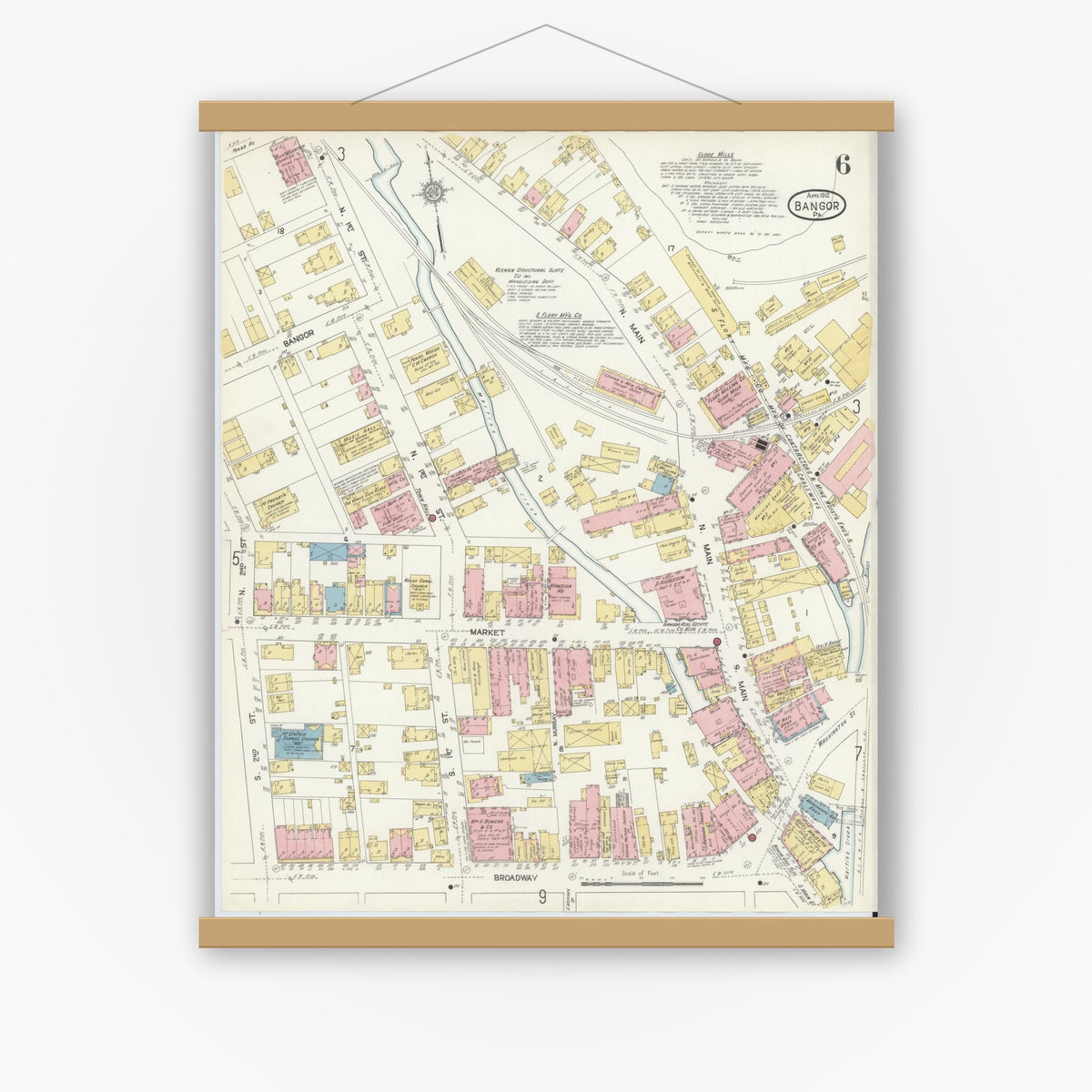 Old map wall art mockup — magnetic wood frame on white wall — Sanborn Fire Insurance Map from Bangor, Northampton County, Pennsylvania (1912), Sheet #0006