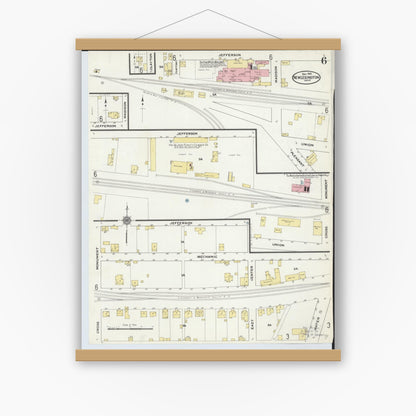 Old map wall art mockup — magnetic wood frame on white wall — Sanborn Fire Insurance Map from New Lexington, Perry County, Ohio (1909), Sheet #0006