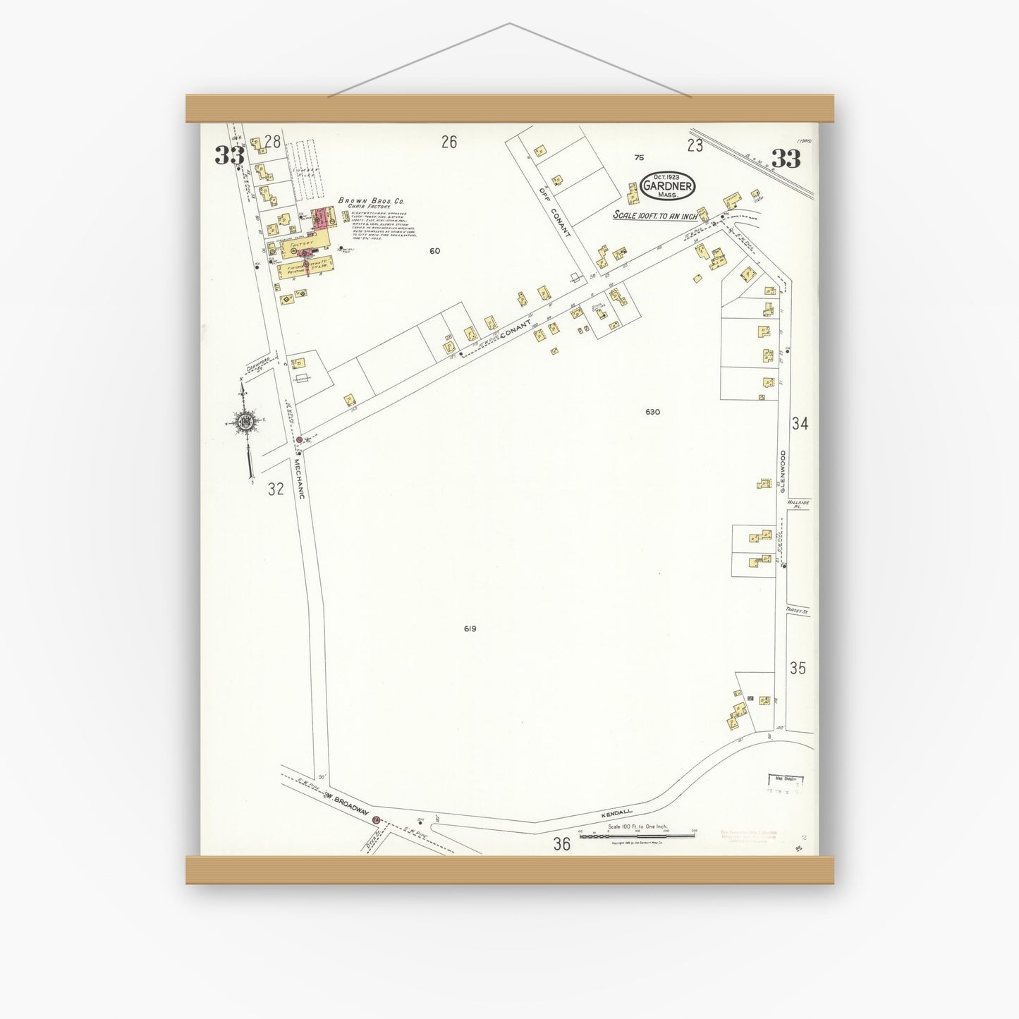 Old map wall art mockup — magnetic wood frame on white wall — Sanborn Fire Insurance Map from Gardner, Worcester County, Massachusetts (1923), Sheet #0033