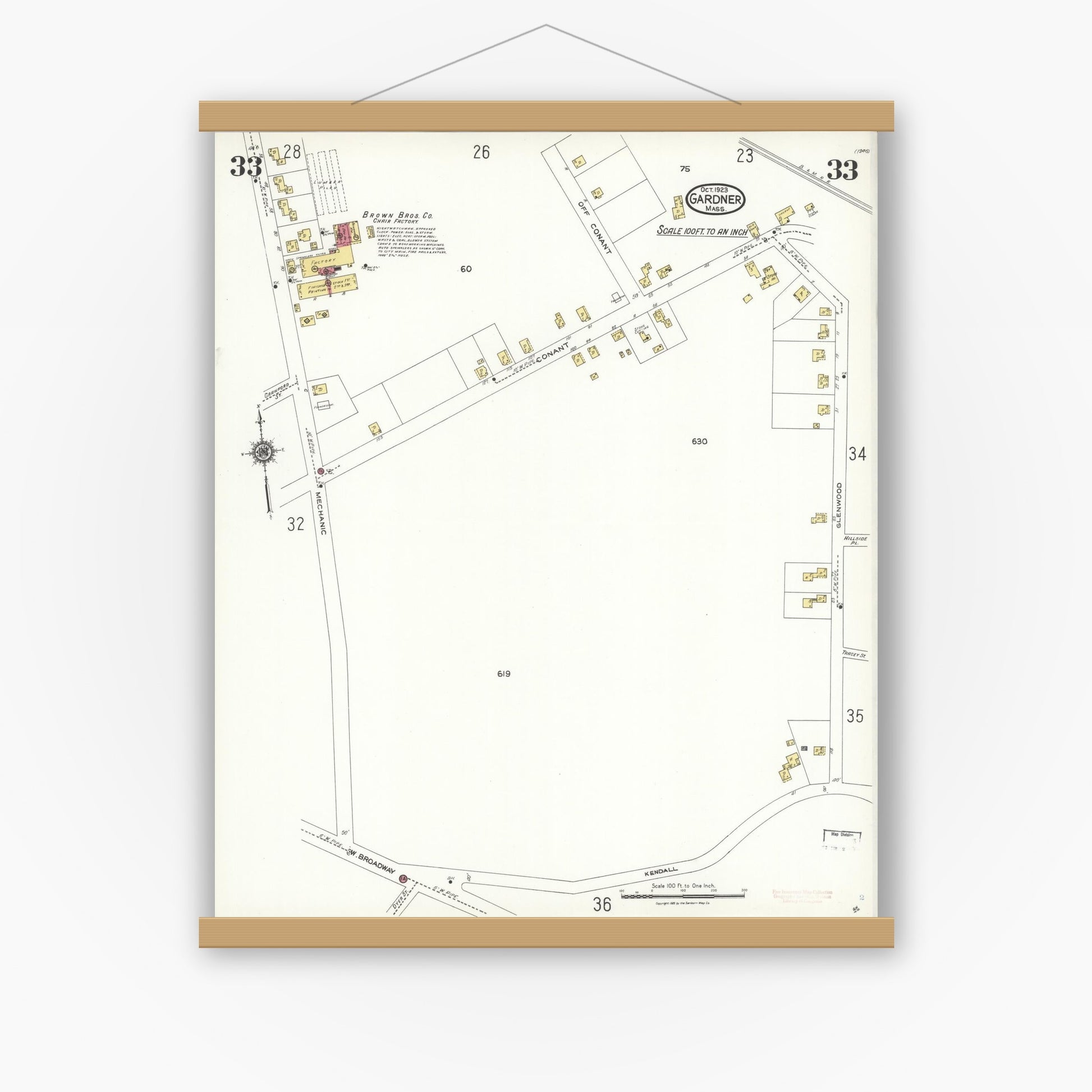 Old map wall art mockup — magnetic wood frame on white wall — Sanborn Fire Insurance Map from Gardner, Worcester County, Massachusetts (1923), Sheet #0033