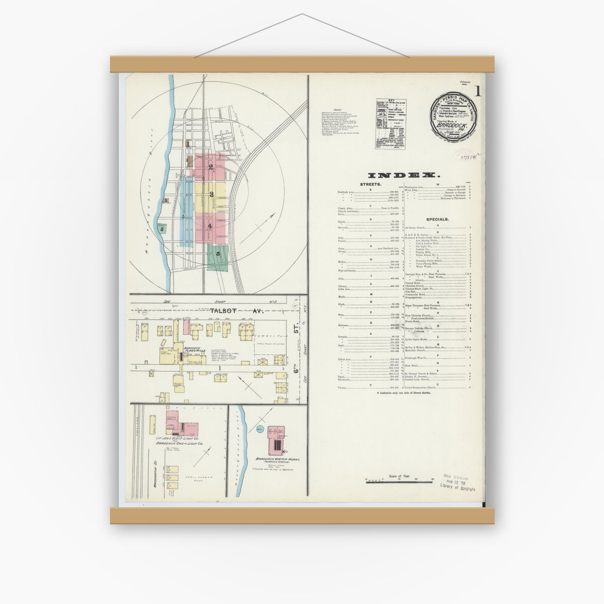 Old map wall art mockup — magnetic wood frame on white wall — Sanborn Fire Insurance Map from Braddock, Allegheny County, Pennsylvania (1891), Sheet #0001