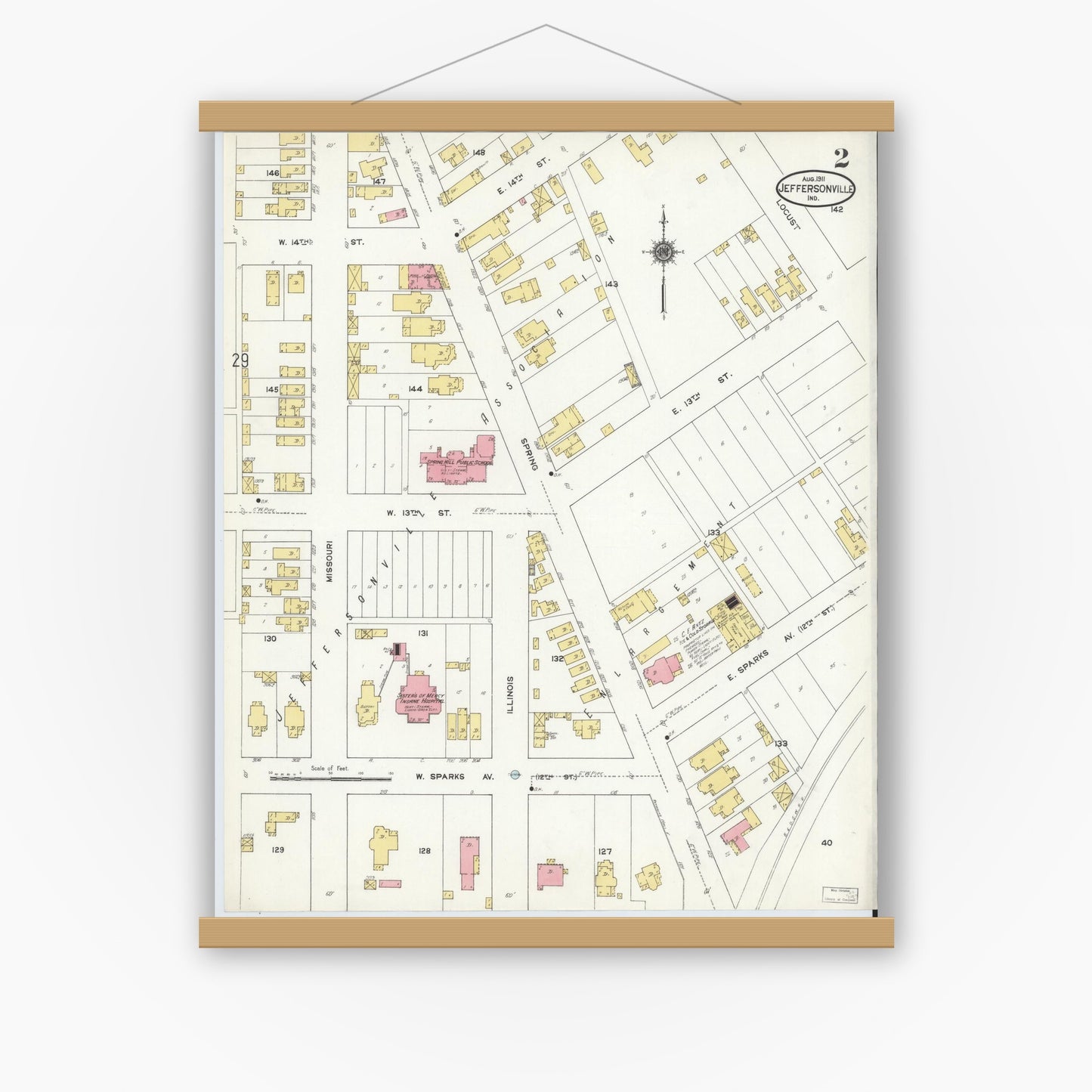 Old map wall art mockup — magnetic wood frame on white wall — Sanborn Fire Insurance Map from Jeffersonville, Clark County, Indiana (1911), Sheet #0002