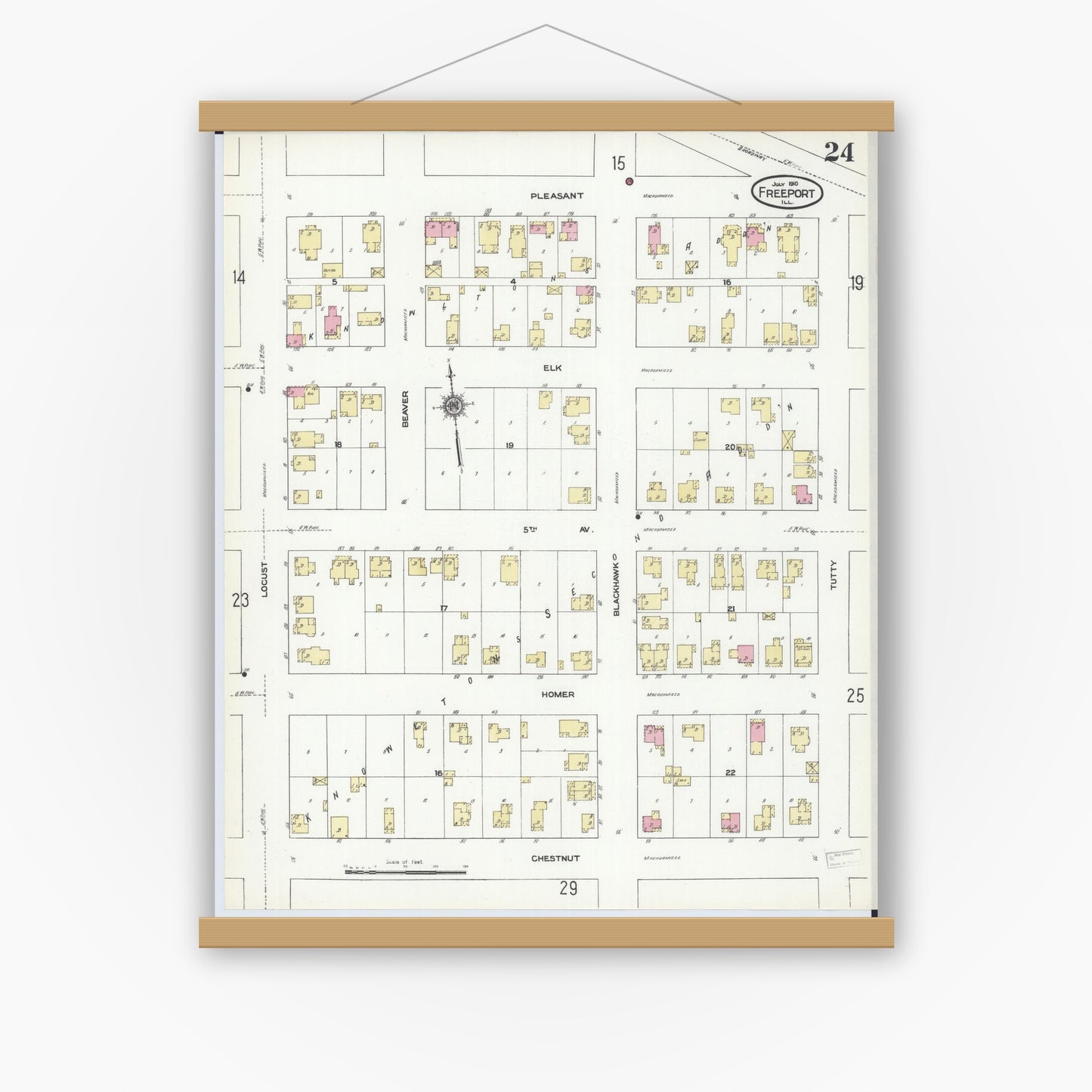 Old map wall art mockup — magnetic wood frame on white wall — Sanborn Fire Insurance Map from Freeport, Stephenson County, Illinois (1910), Sheet #0024