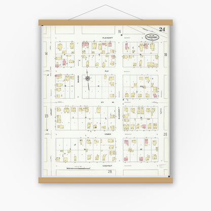 Old map wall art mockup — magnetic wood frame on white wall — Sanborn Fire Insurance Map from Freeport, Stephenson County, Illinois (1910), Sheet #0024