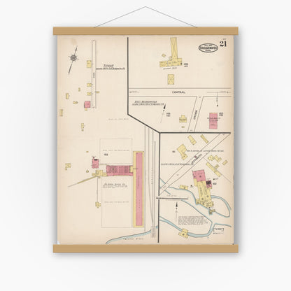 Old map wall art mockup — magnetic wood frame on white wall — Sanborn Fire Insurance Map from Bridgewater, Plymouth County, Massachusetts (1921), Sheet #0021