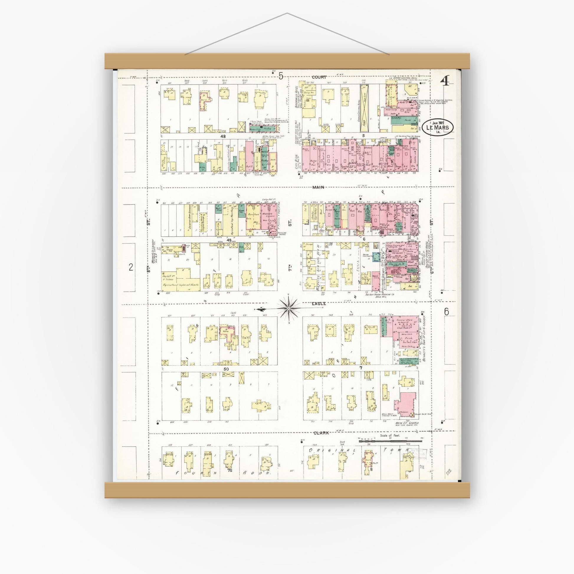 Old map wall art mockup — magnetic wood frame on white wall — Sanborn Fire Insurance Map from Le Mars, Plymouth County, Iowa (1907), Sheet #0004