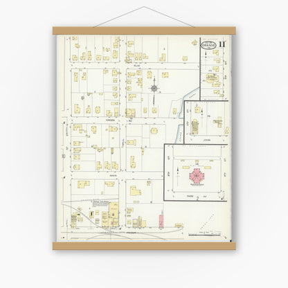 Old map wall art mockup — magnetic wood frame on white wall — Sanborn Fire Insurance Map from Orange, Orange County, Texas (1914), Sheet #0011