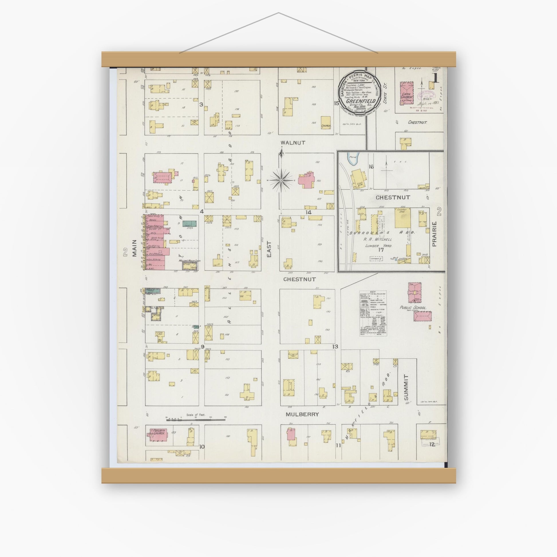 Old map wall art mockup — magnetic wood frame on white wall — Sanborn Fire Insurance Map from Greenfield, Greene County, Illinois (1893) - Complete Map Set