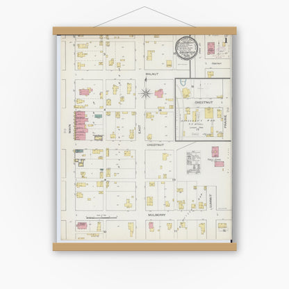 Old map wall art mockup — magnetic wood frame on white wall — Sanborn Fire Insurance Map from Greenfield, Greene County, Illinois (1893) - Complete Map Set