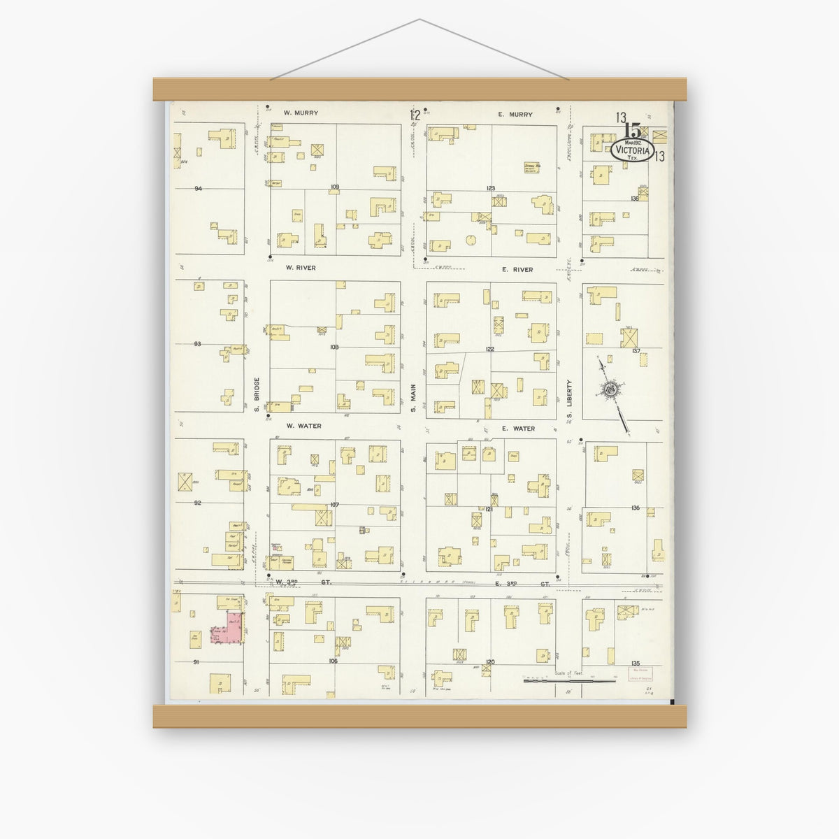 Old map wall art mockup — magnetic wood frame on white wall — Sanborn Fire Insurance Map from Victoria, Victoria County, Texas (1912), Sheet #0015