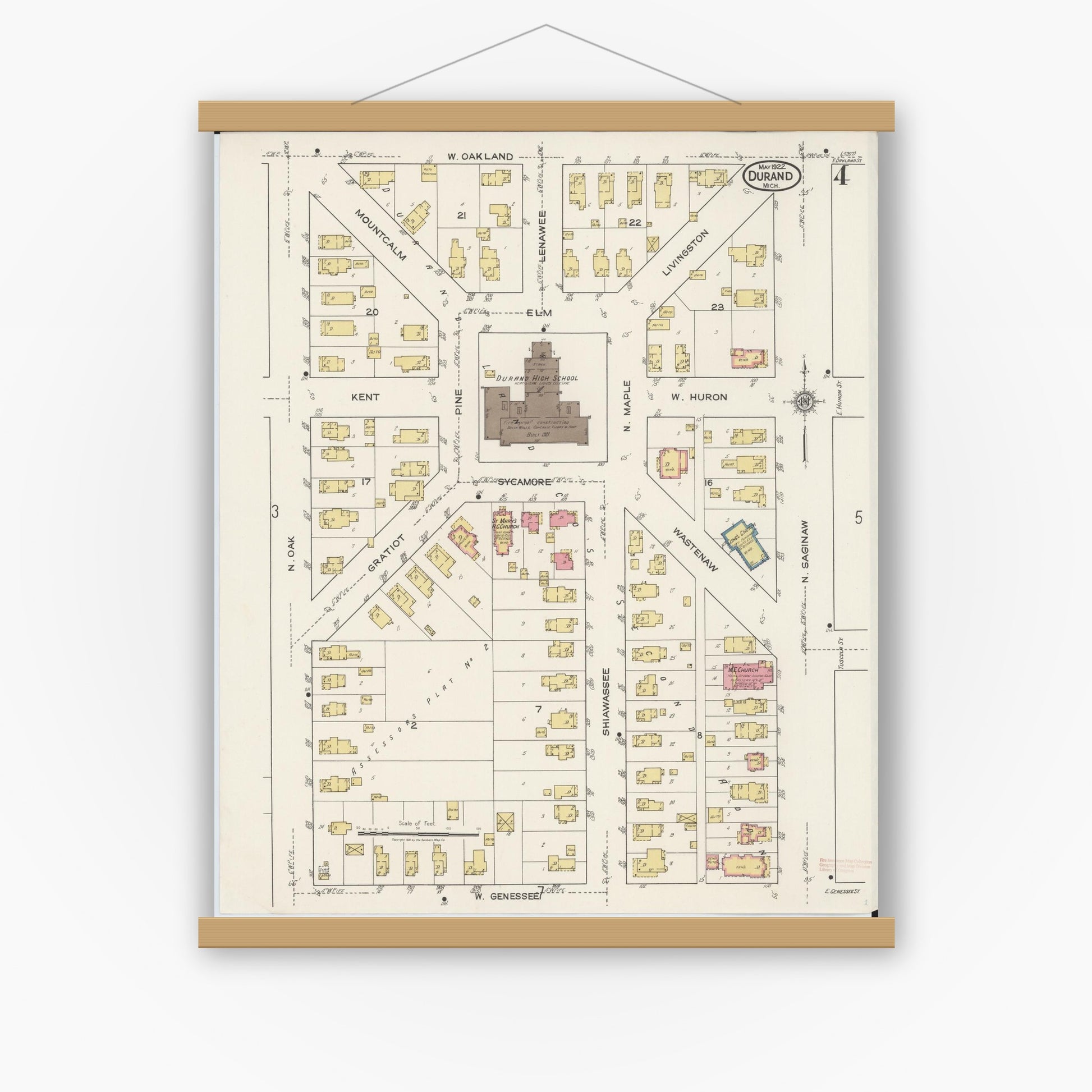 Old map wall art mockup — magnetic wood frame on white wall — Sanborn Fire Insurance Map from Durand, Shiawassee County, Michigan (1922), Sheet #0004