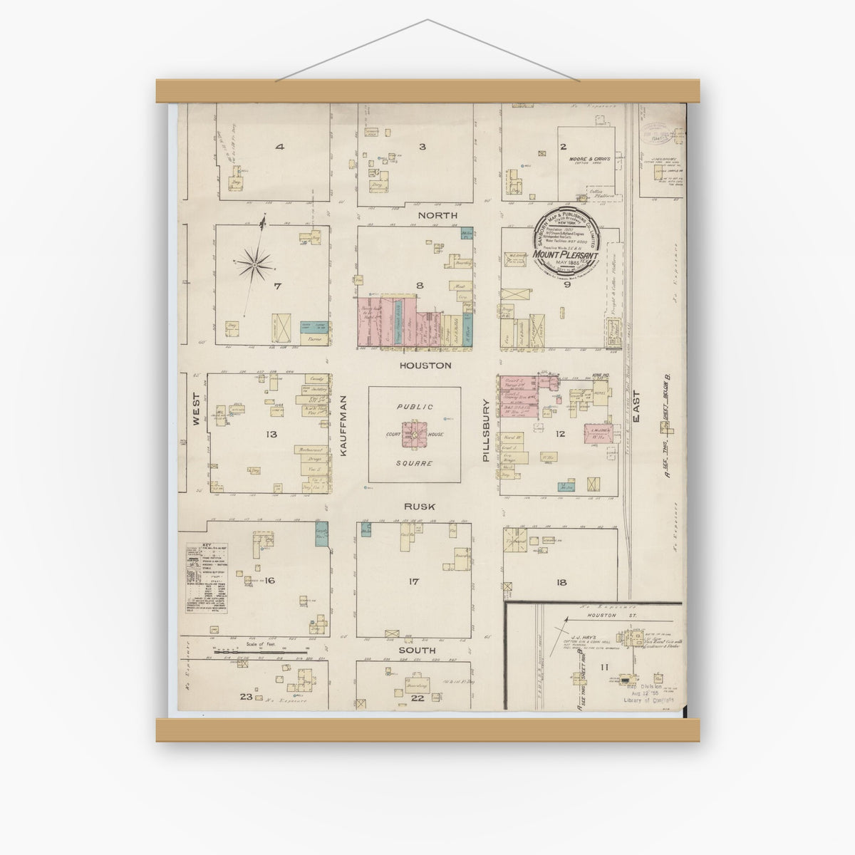 Old map wall art mockup — magnetic wood frame on white wall — Sanborn Fire Insurance Map from Mount Pleasant, Titus County, Texas (1885), Sheet #0001