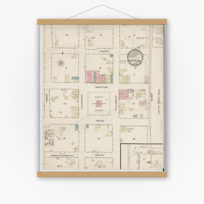 Old map wall art mockup — magnetic wood frame on white wall — Sanborn Fire Insurance Map from Mount Pleasant, Titus County, Texas (1885), Sheet #0001