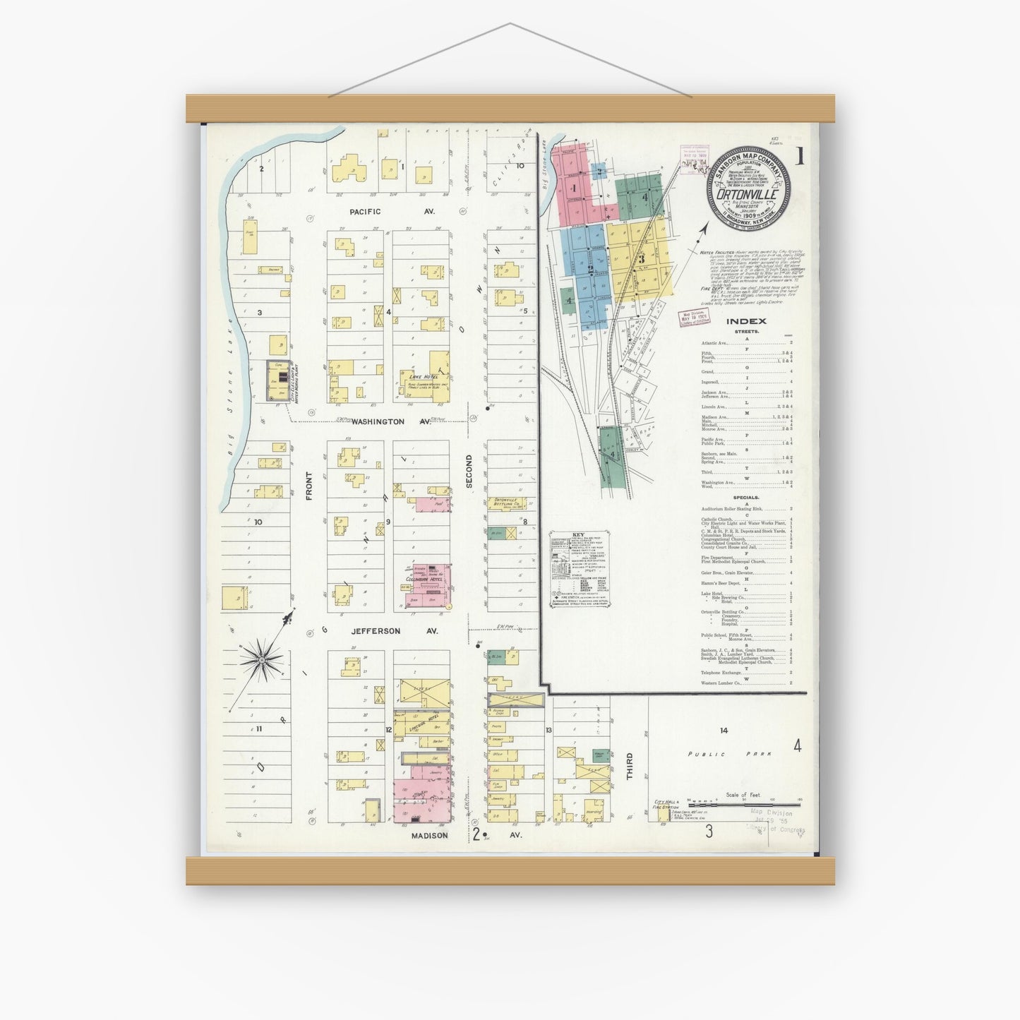 Old map wall art mockup — magnetic wood frame on white wall — Sanborn Fire Insurance Map from Ortonville, Big Stone County, Minnesota (1909) - Complete Map Set