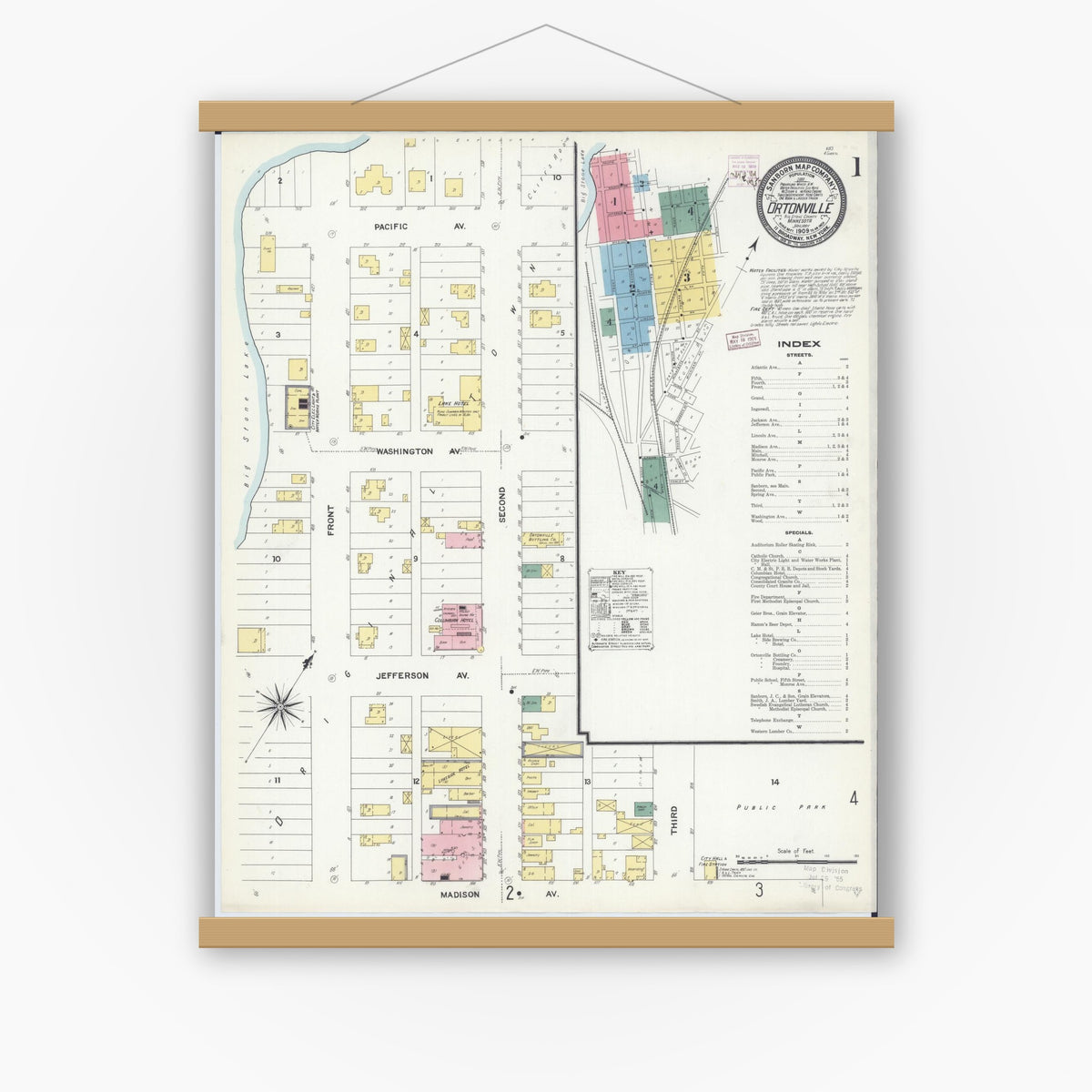 Old map wall art mockup — magnetic wood frame on white wall — Sanborn Fire Insurance Map from Ortonville, Big Stone County, Minnesota (1909) - Complete Map Set
