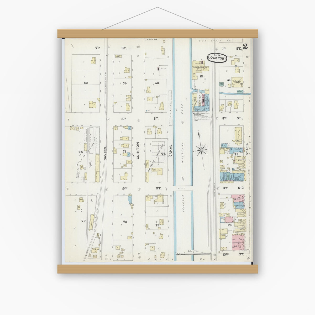 Old map wall art mockup — magnetic wood frame on white wall — Sanborn Fire Insurance Map from Lockport, Will County, Illinois (1891), Sheet #0002