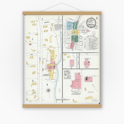 Old map wall art mockup — magnetic wood frame on white wall — Sanborn Fire Insurance Map from Cuyahoga Falls, Summit County, Ohio (1901), Sheet #0001