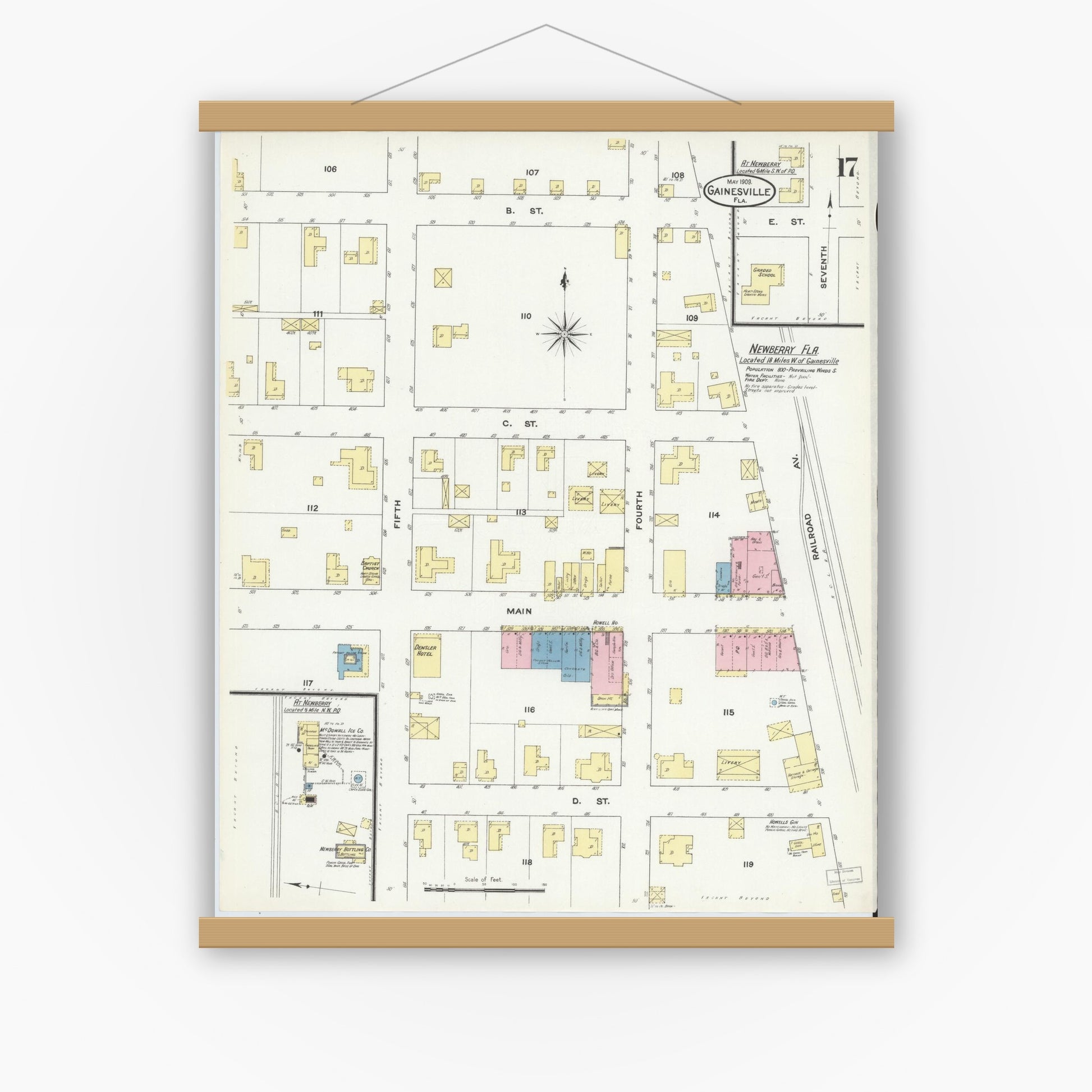 Old map wall art mockup — magnetic wood frame on white wall — Sanborn Fire Insurance Map from Gainesville, Alachua County, Florida (1909), Sheet #0017