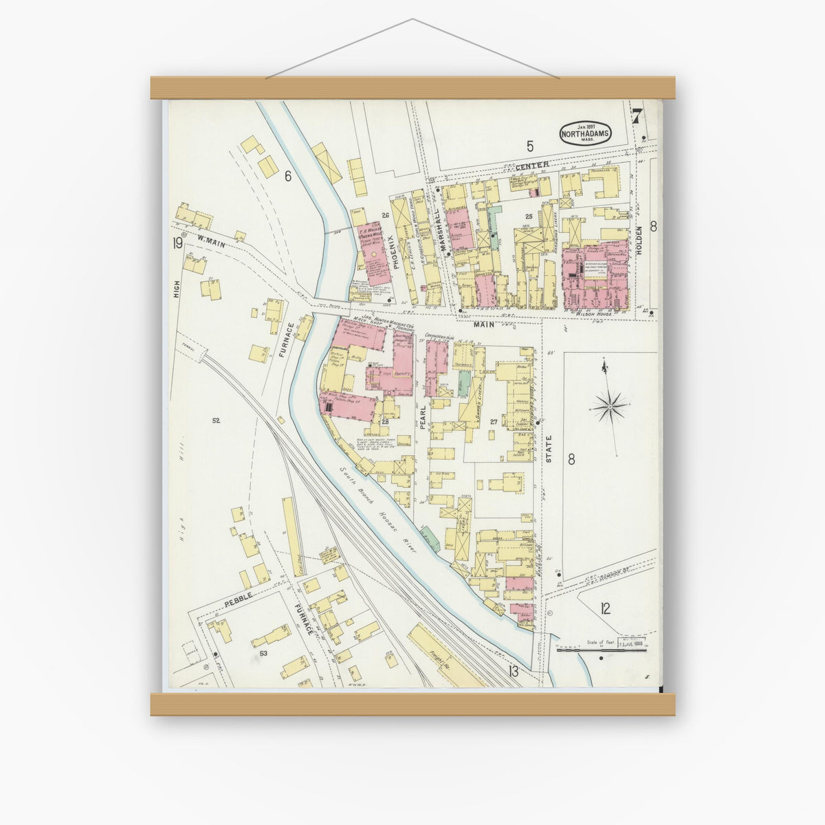 Old map wall art mockup — magnetic wood frame on white wall — Sanborn Fire Insurance Map from North Adams, Berkshire County, Massachusetts (1897), Sheet #0007
