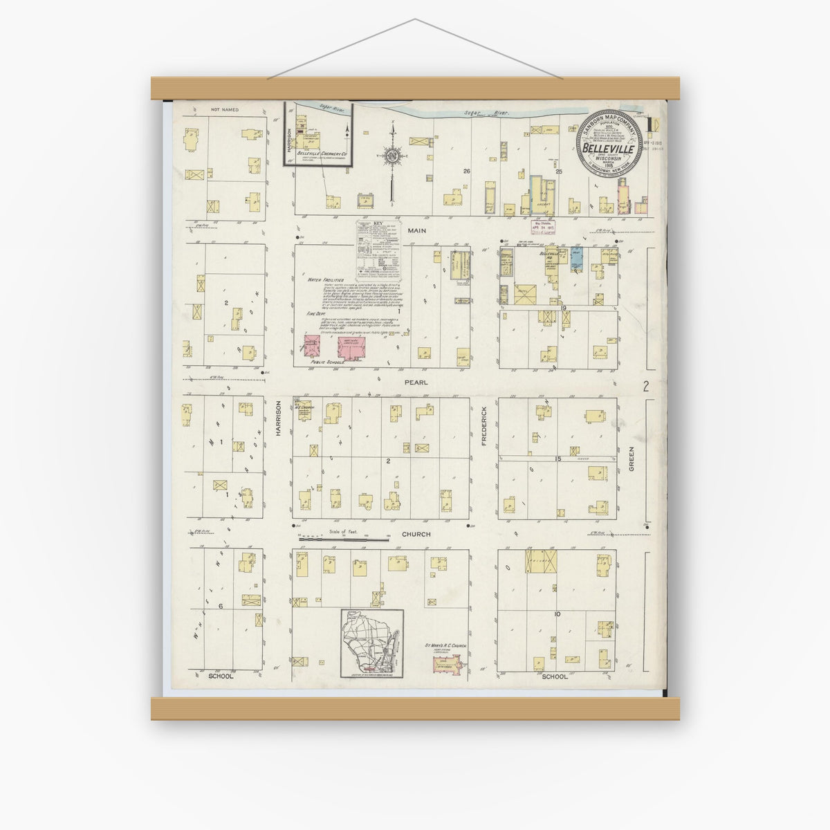 Old map wall art mockup — magnetic wood frame on white wall — Sanborn Fire Insurance Map from Belleville, Dane County, Wisconsin (1915) - Complete Map Set