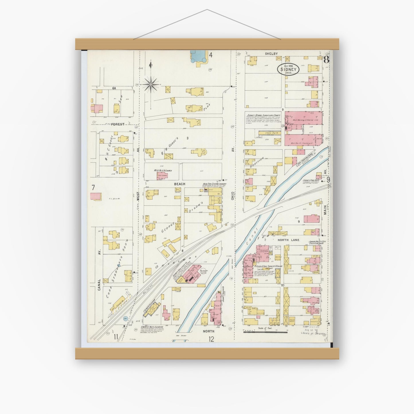 Old map wall art mockup — magnetic wood frame on white wall — Sanborn Fire Insurance Map from Sidney, Shelby County, Ohio (1898), Sheet #0008