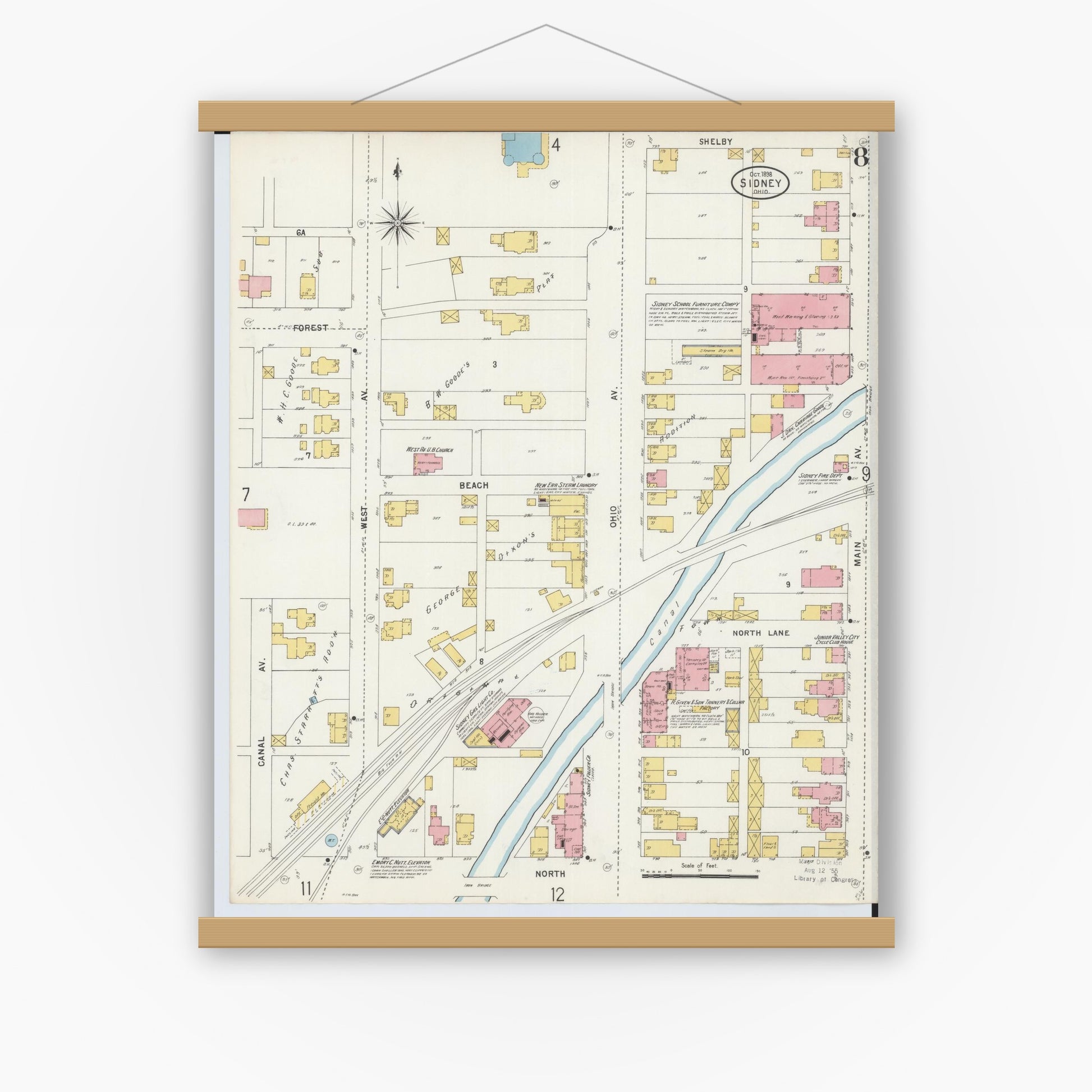 Old map wall art mockup — magnetic wood frame on white wall — Sanborn Fire Insurance Map from Sidney, Shelby County, Ohio (1898), Sheet #0008