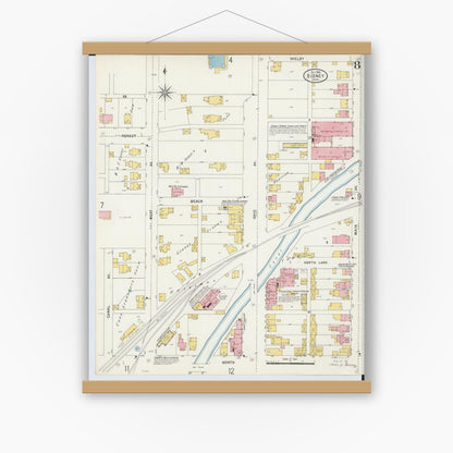 Old map wall art mockup — magnetic wood frame on white wall — Sanborn Fire Insurance Map from Sidney, Shelby County, Ohio (1898), Sheet #0008