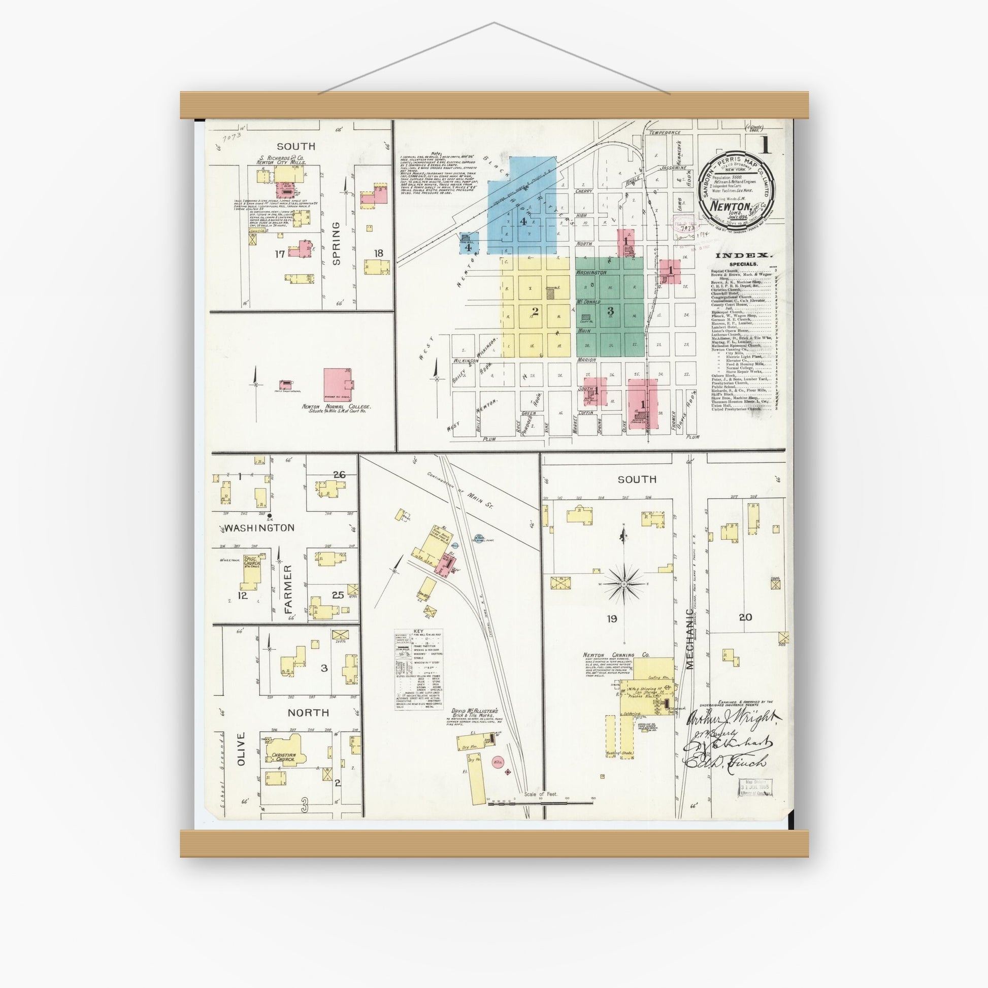 Old map wall art mockup — magnetic wood frame on white wall — Sanborn Fire Insurance Map from Newton, Jasper County, Iowa (1894) â€” Complete Set