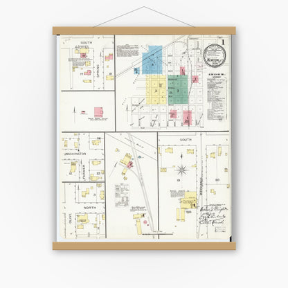 Old map wall art mockup — magnetic wood frame on white wall — Sanborn Fire Insurance Map from Newton, Jasper County, Iowa (1894) â€” Complete Set