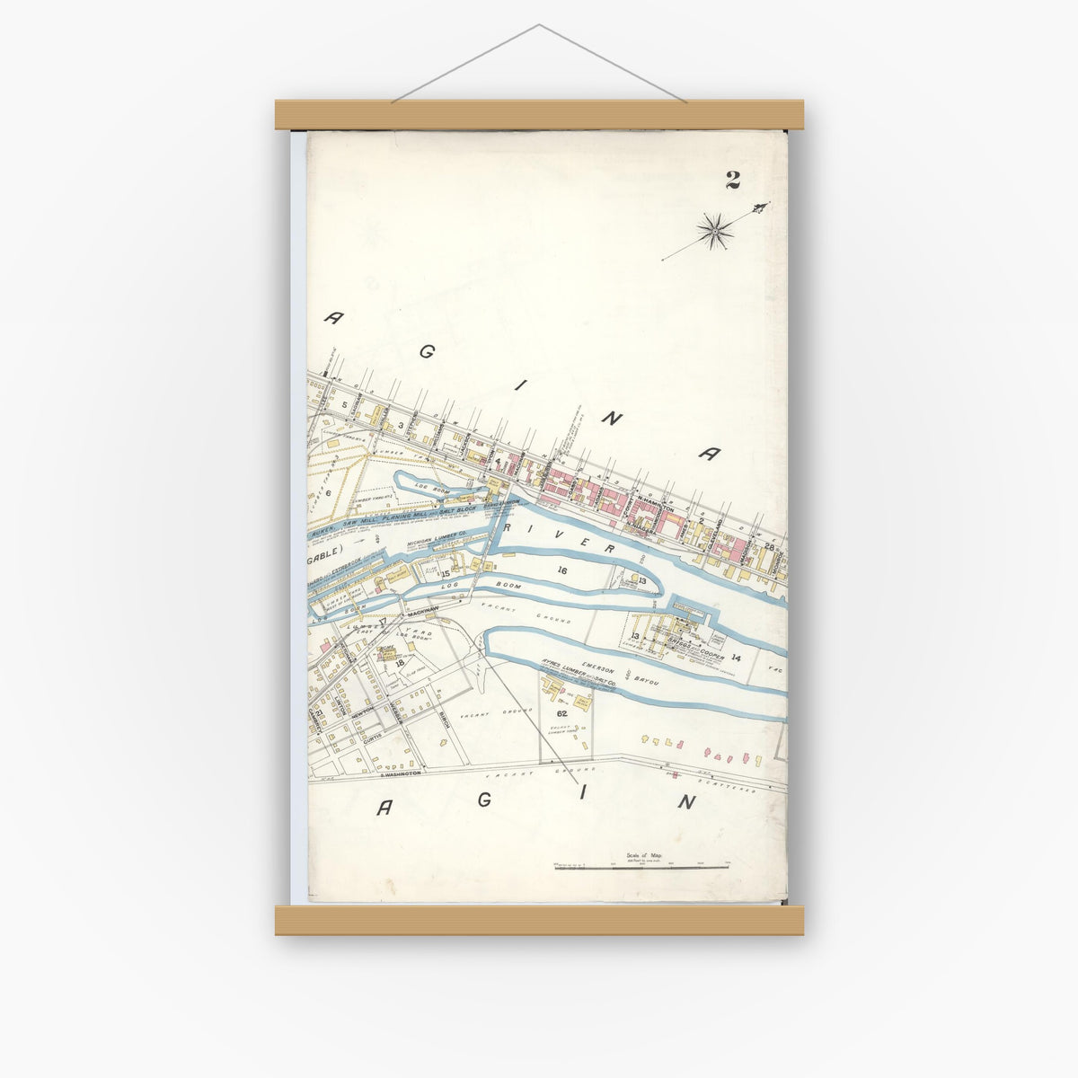 Old map wall art mockup — magnetic wood frame on white wall — Sanborn Fire Insurance Map from Saginaw, Saginaw County, Michigan (1895), Sheet #0002