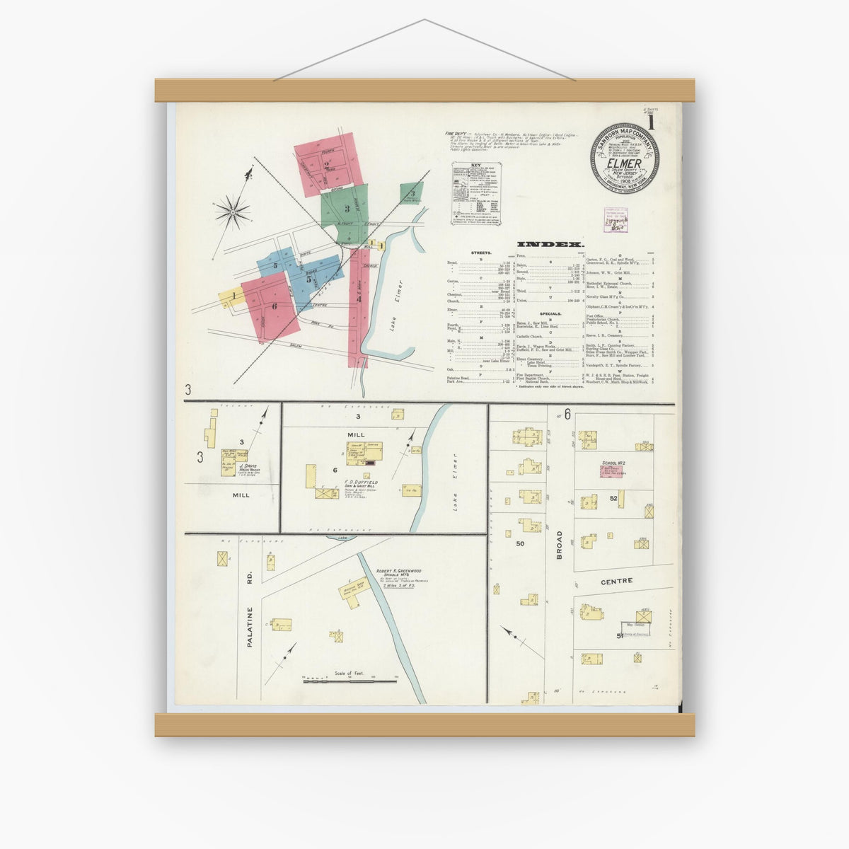 Old map wall art mockup — magnetic wood frame on white wall — Sanborn Fire Insurance Map from Elmer, Salem County, New Jersey (1908), Sheet #0001
