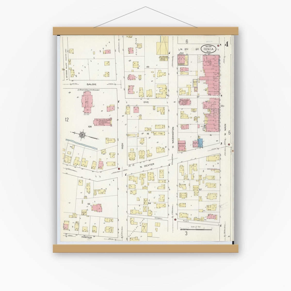 Old map wall art mockup — magnetic wood frame on white wall — Sanborn Fire Insurance Map from Ionia, Ionia County, Michigan (1914), Sheet #0004