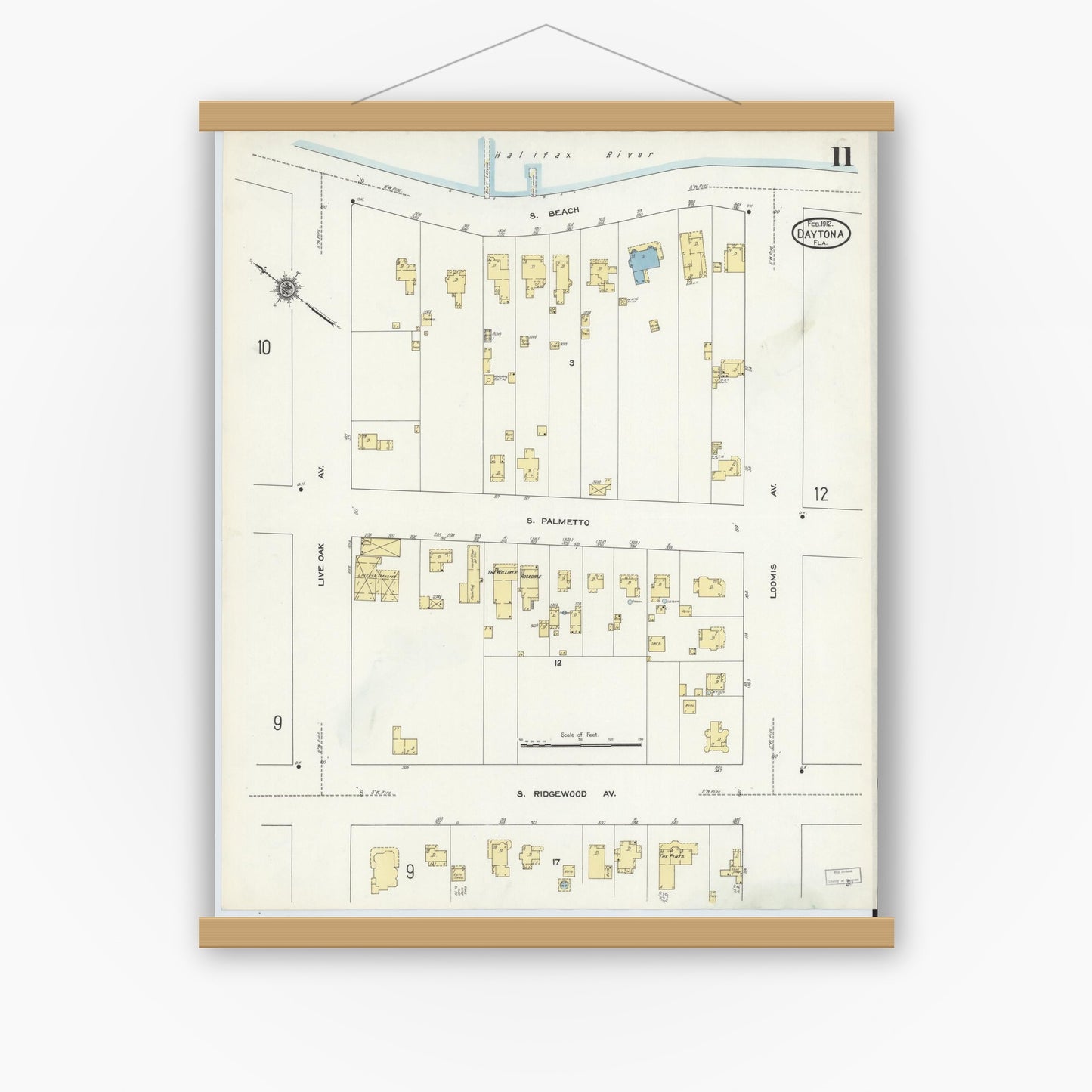 Old map wall art mockup — magnetic wood frame on white wall — Sanborn Fire Insurance Map from Daytona, Volusia County, Florida (1912), Sheet #0011