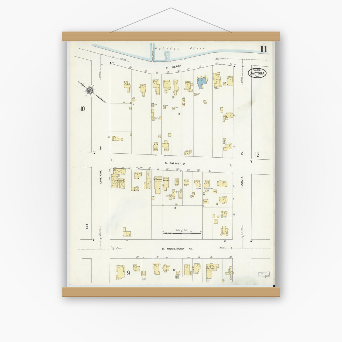 Old map wall art mockup — magnetic wood frame on white wall — Sanborn Fire Insurance Map from Daytona, Volusia County, Florida (1912), Sheet #0011