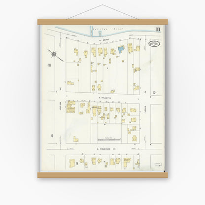 Old map wall art mockup — magnetic wood frame on white wall — Sanborn Fire Insurance Map from Daytona, Volusia County, Florida (1912), Sheet #0011