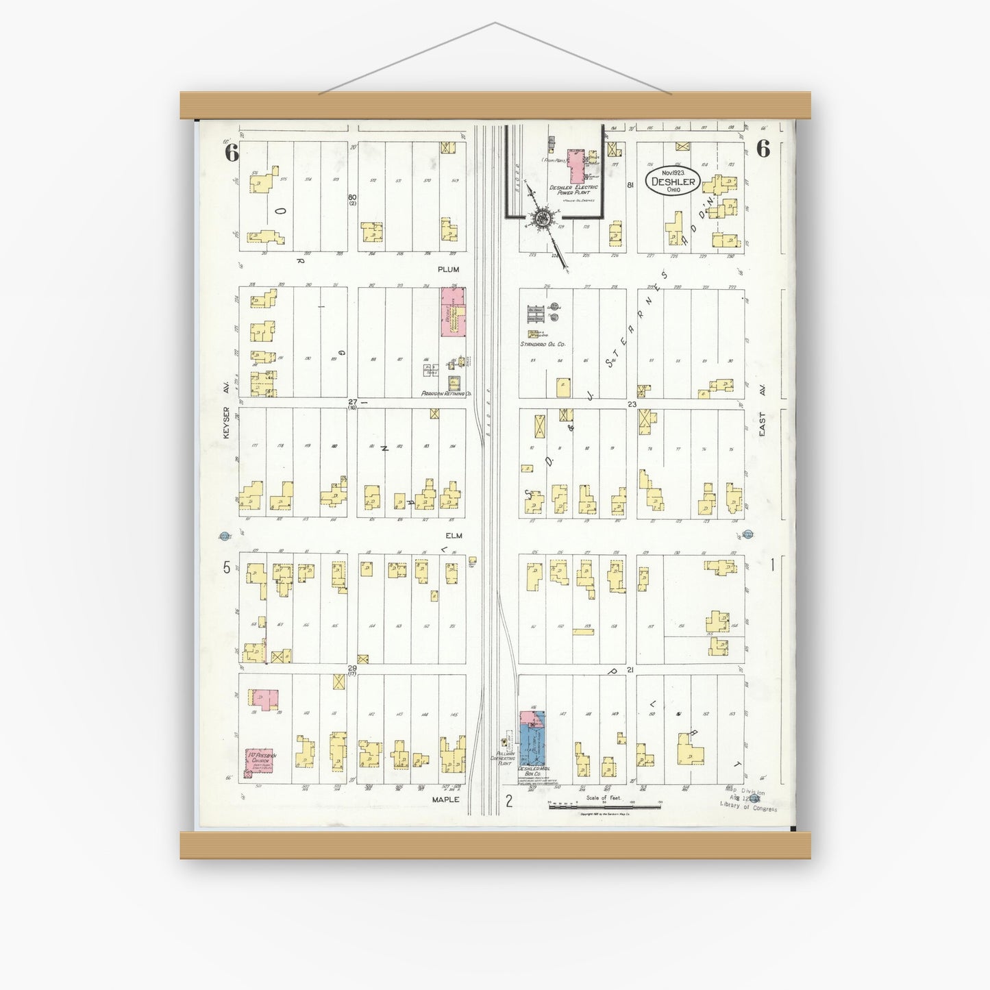 Old map wall art mockup — magnetic wood frame on white wall — Sanborn Fire Insurance Map from Deshler, Henry County, Ohio (1923), Sheet #0006