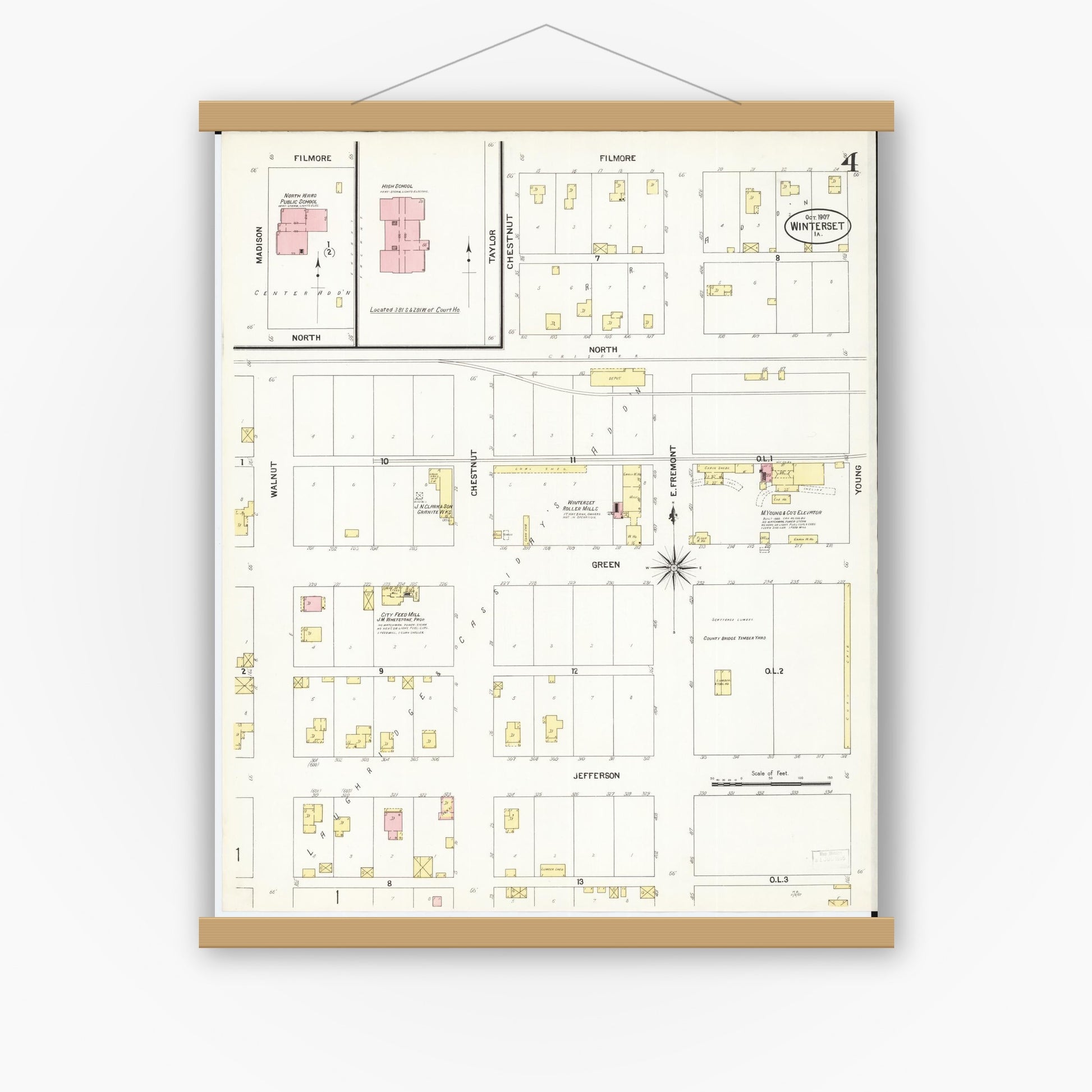 Old map wall art mockup — magnetic wood frame on white wall — Sanborn Fire Insurance Map from Winterset, Madison County, Iowa (1907), Sheet #0004