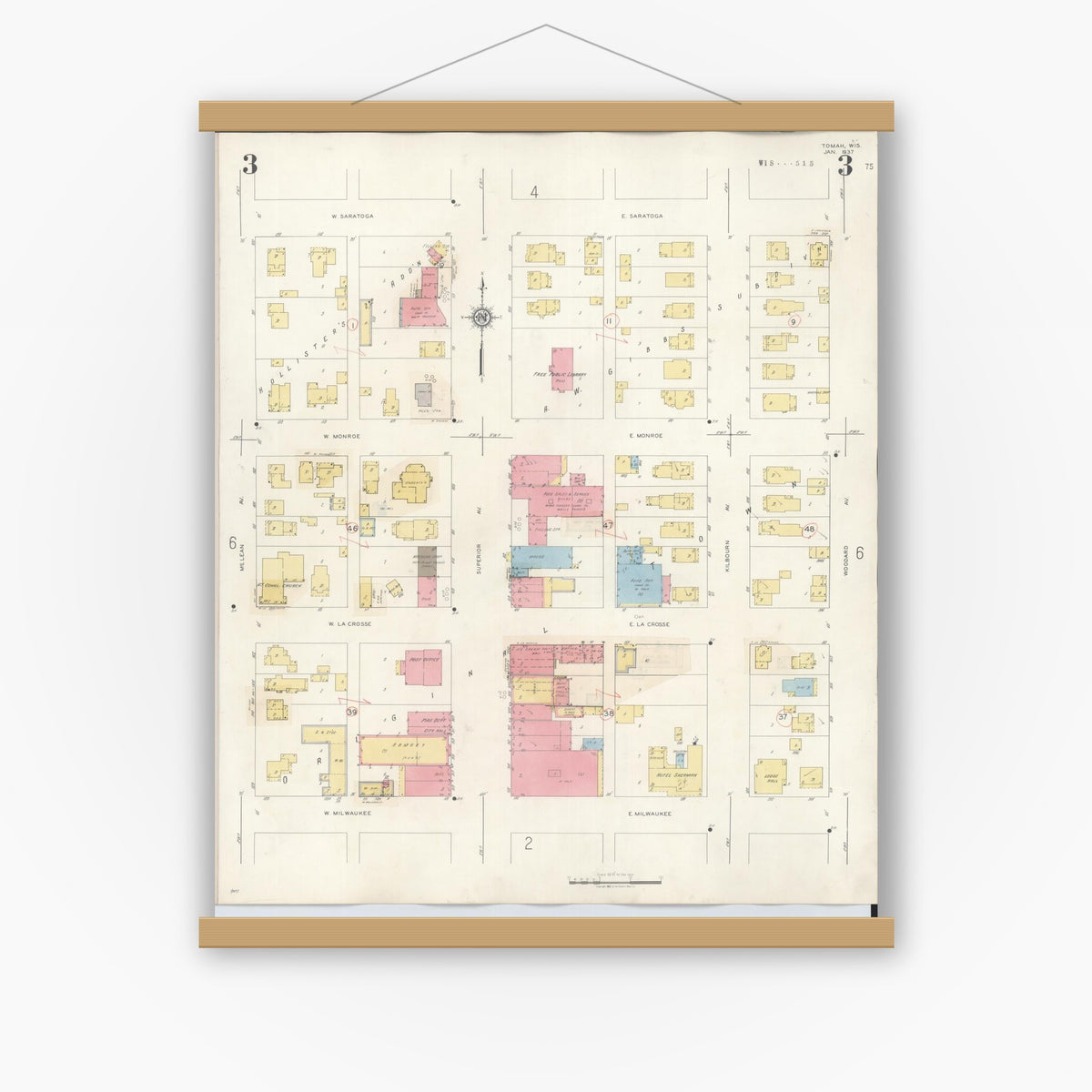 Old map wall art mockup — magnetic wood frame on white wall — Sanborn Fire Insurance Map from Tomah, Monroe County, Wisconsin (1944), Sheet #0003